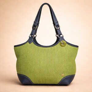 The Sak Green Crochet Knit Shoulder Tote Boho Woven Bag Navy Trim